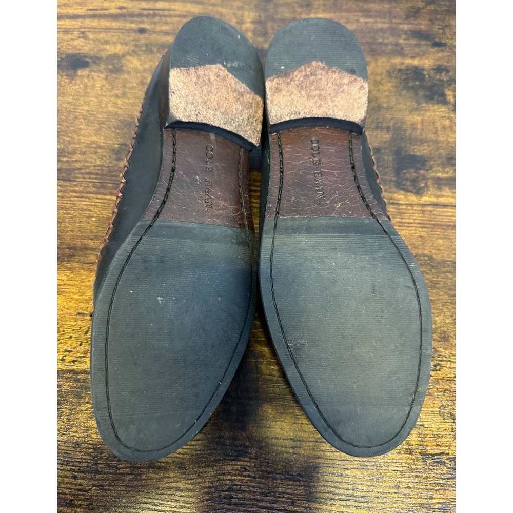 Cole Haan Two Tone Leather Tassel Kiltie Loafers Brown Black Woven Size 8 Shoes - Picture 12 of 13